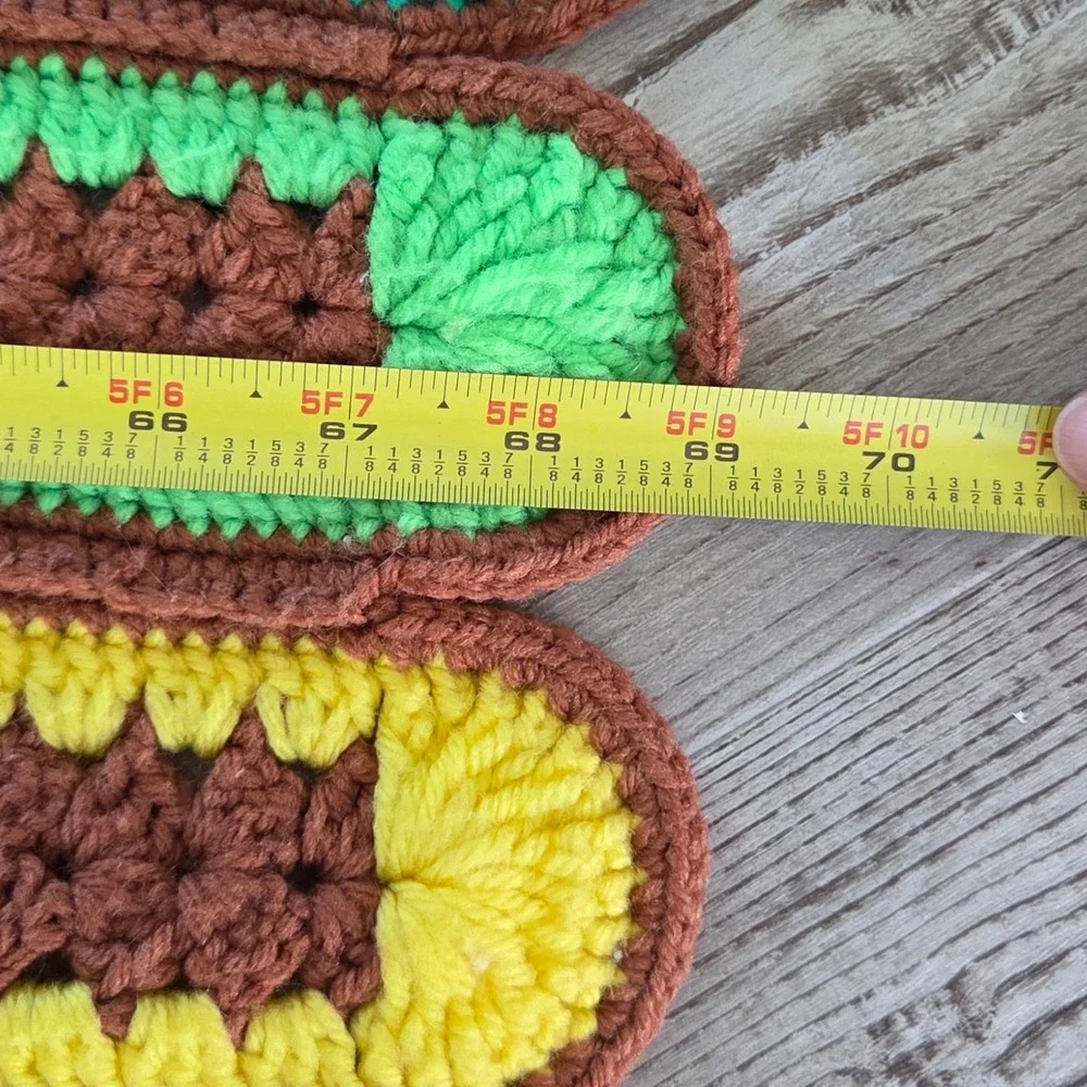 Vintage Handmade Crochet Rainbow Stripe Blanket Brown Scalloped Edge Retro 68x60